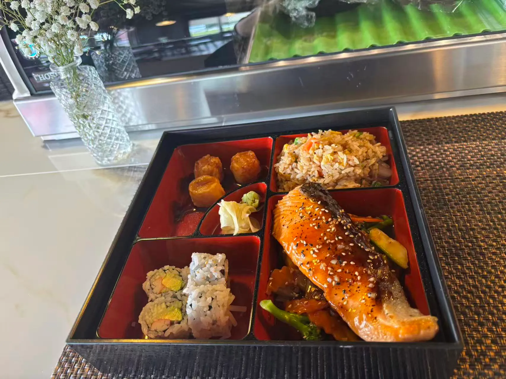 Salmon Teriyaki Bento Box at Roll & Bowl, Japanese Restaurant in Richmond